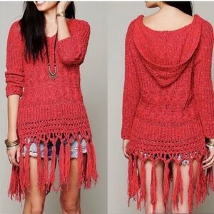 Free People Sweater Santa Rosa Hooded Knit Fringe Red XS
